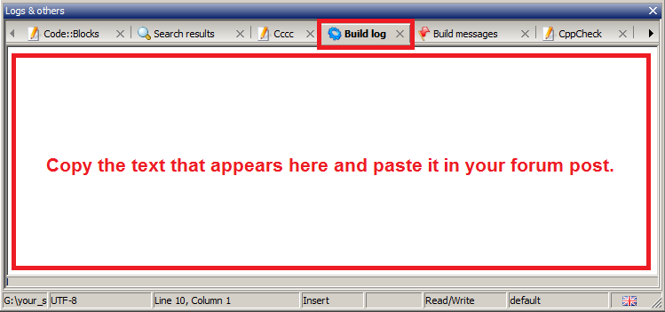 Screenshot of the Code::Blocks build log