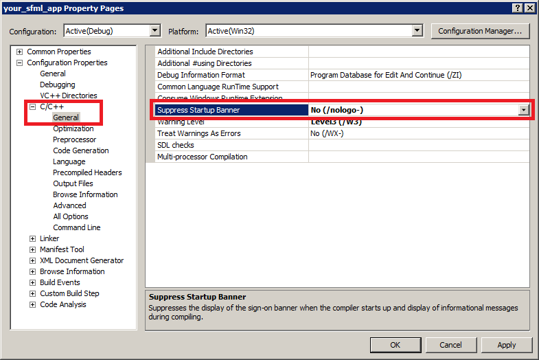 Screenshot of the Visual Studio compiler suppress startup banner setting