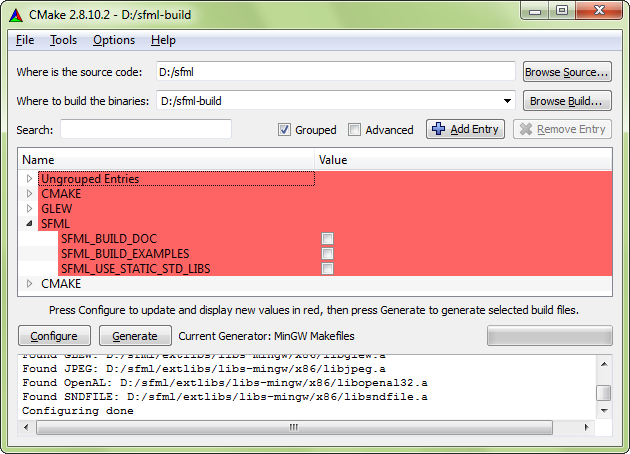 Screenshot of the cmake-gui window after configure