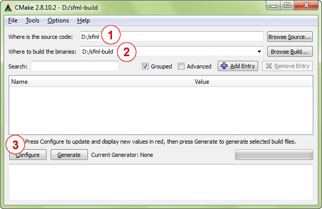 Screenshot of the cmake-gui tool