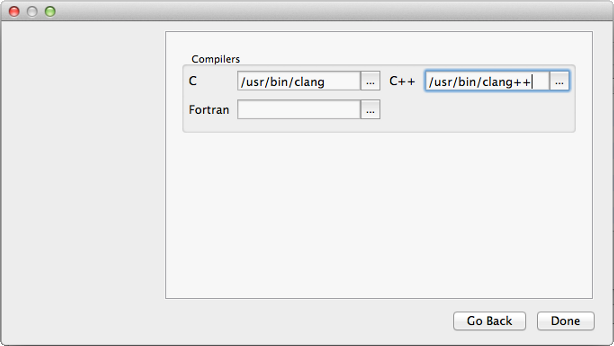 Capture d'écran de la configuration des compilateurs sous OS X
