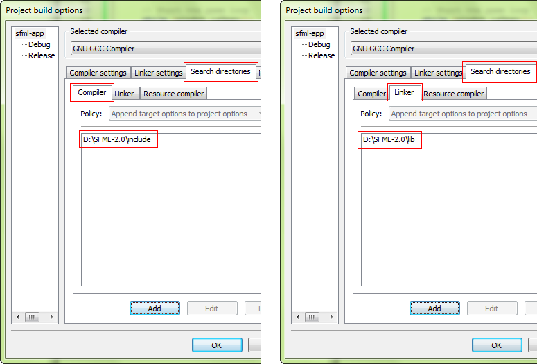 Capture d'écran de la boîte de dialogue pour configurer les chemins de recherche