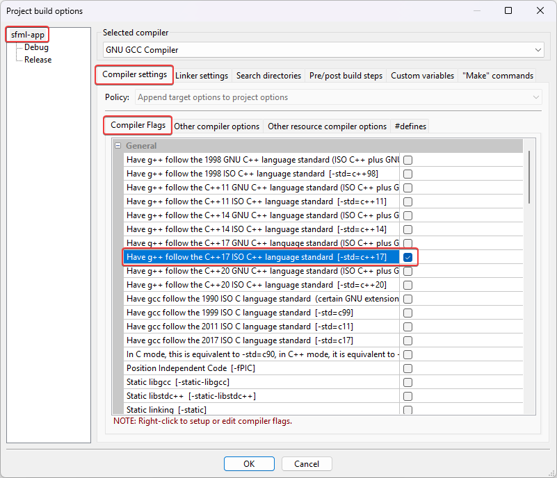 Screenshot of the dialog box for setting up the C++17 language standard