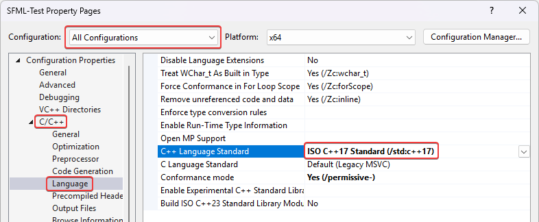 Screenshot of the dialog box for setting up the C++17 language standard